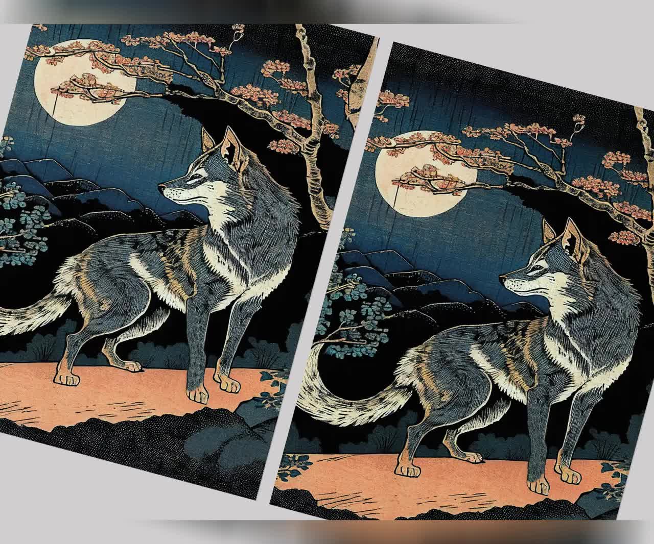 狼と月の壁ポスター、日本のアートスタイルのイラスト、狼の壁飾り